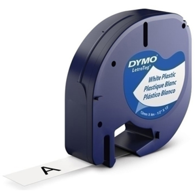 CINTA de ROTULAR DYMO LETRATAG PLASTICO 4m 12mm NEGRO sobre BLANCO